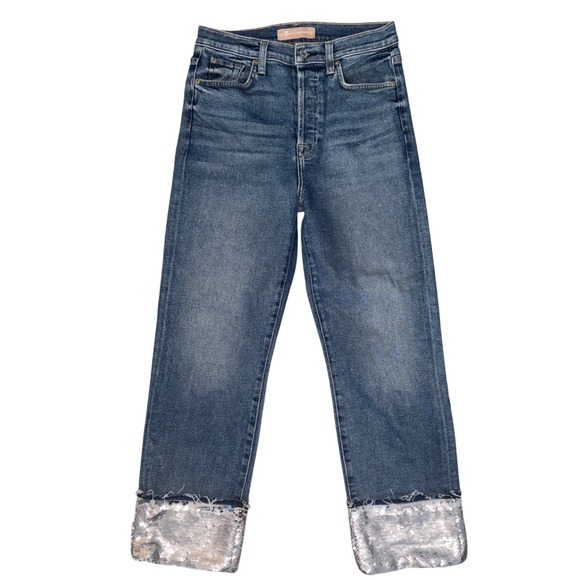 7 For All Mankind Luxe Vintage Sequin Cuff Boyfriend Jeans Blue - Picture 3 of 6
